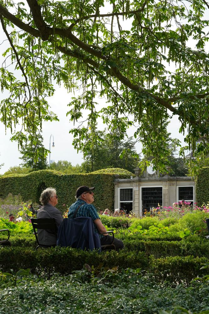 Pareja mayor conversando tranquilamente en un jardín